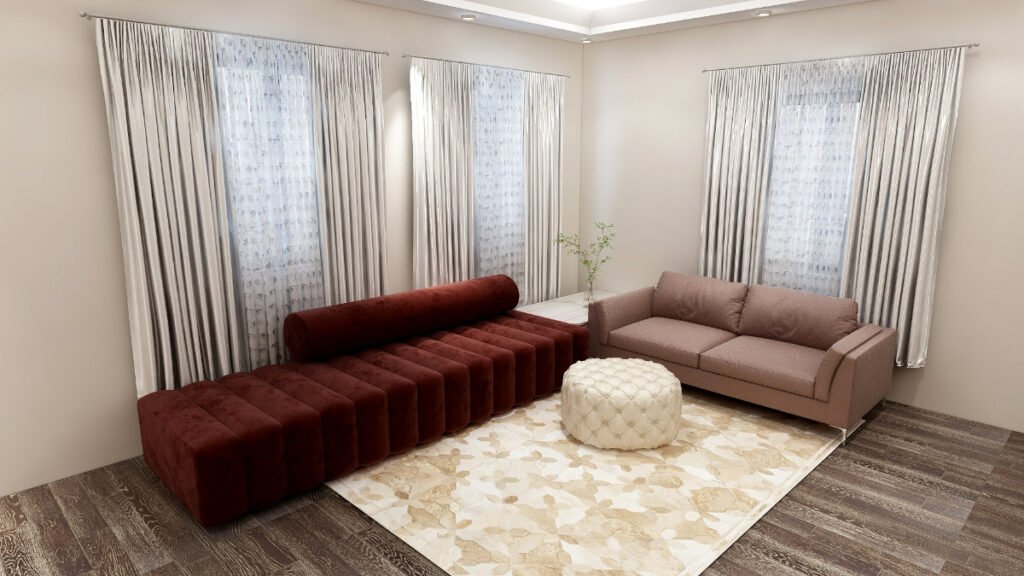 White or Sheet Curtains with a Brown Couch