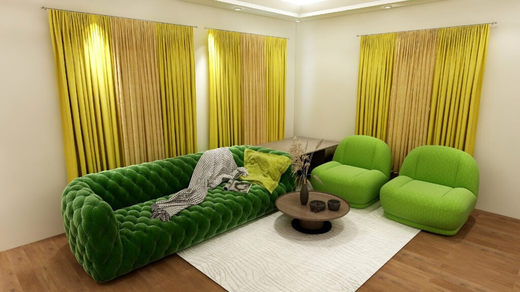 Yellow Curtains Against a Green Couch