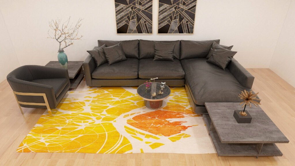 Yellow Rug with Black Sofas and Chair